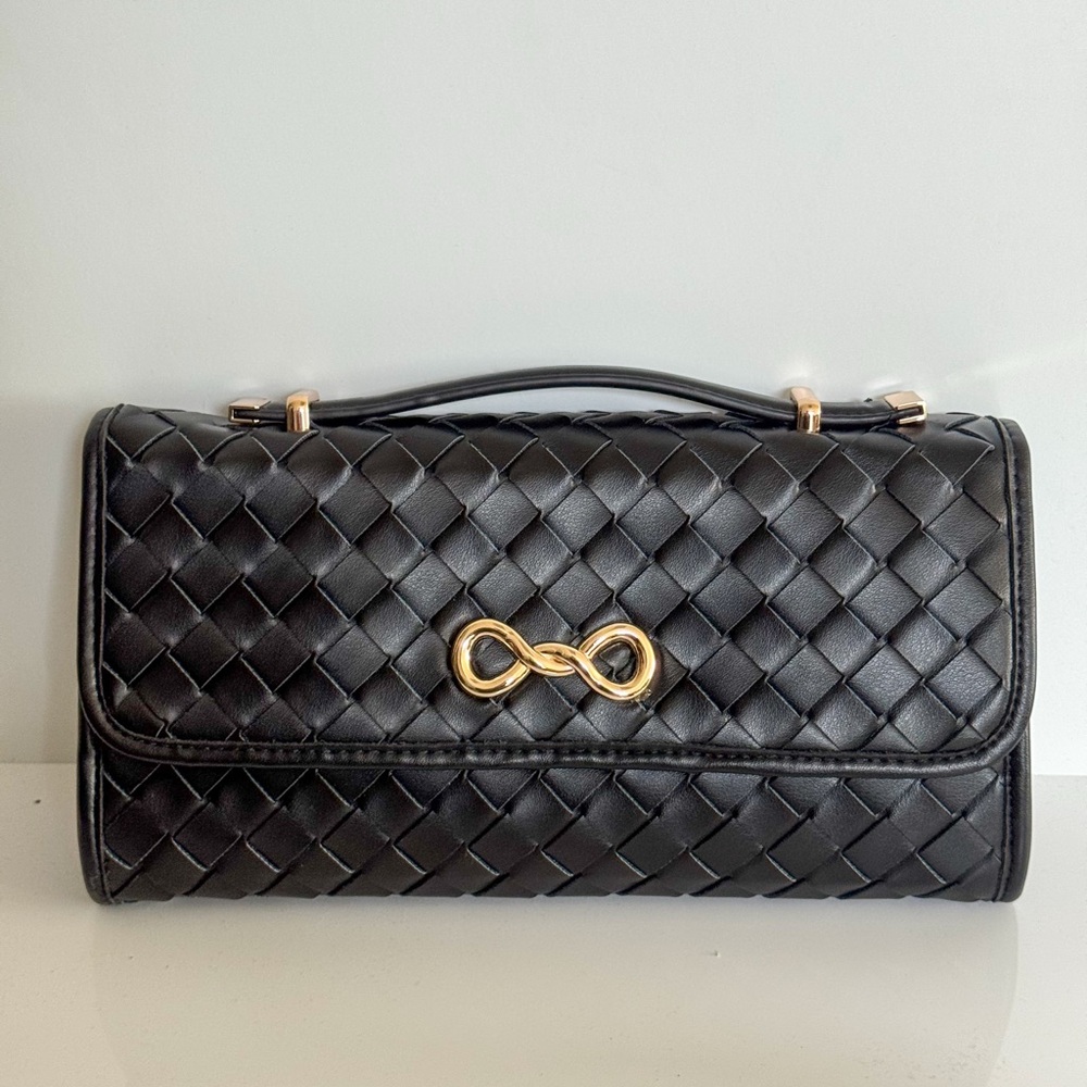 Black Intrecciato Leather Clutch with Gold Infinity Detail